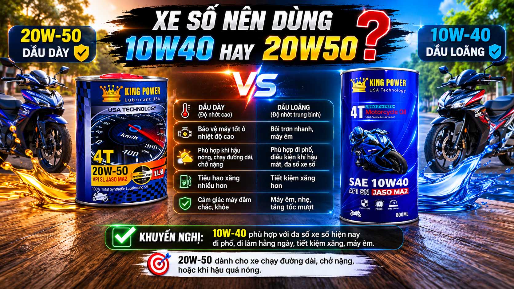 Xe số nên dùng nhớt 10W40 hay 20W50?