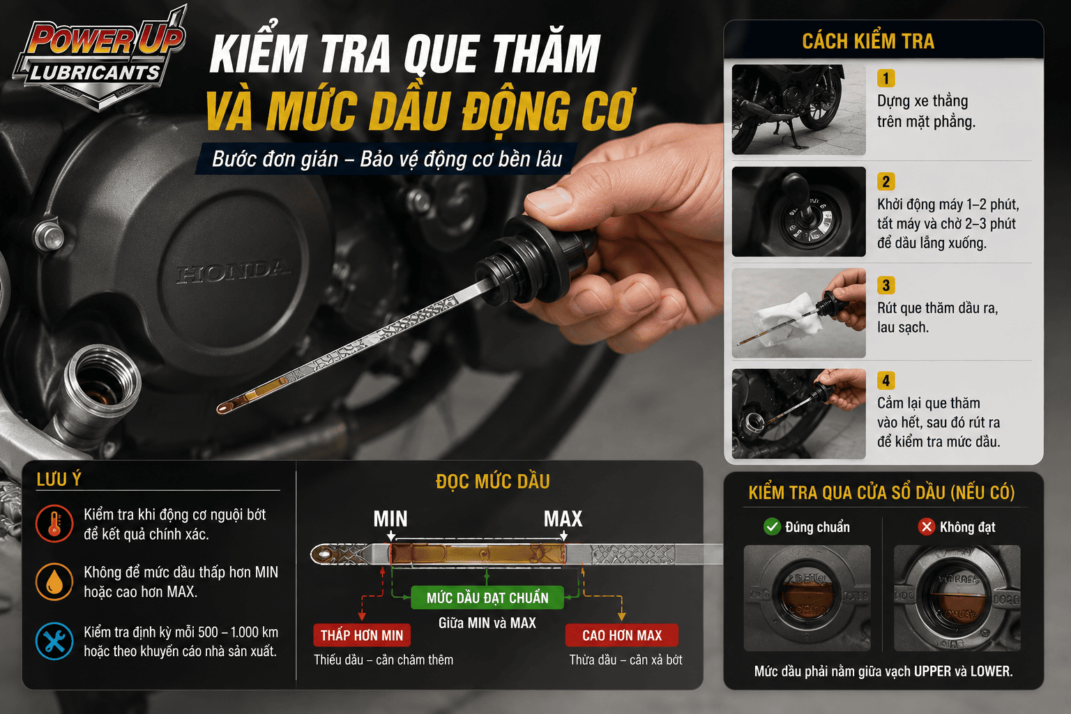 Kiểm tra que thăm và mức dầu động cơ xe máy trước khi thay nhớt